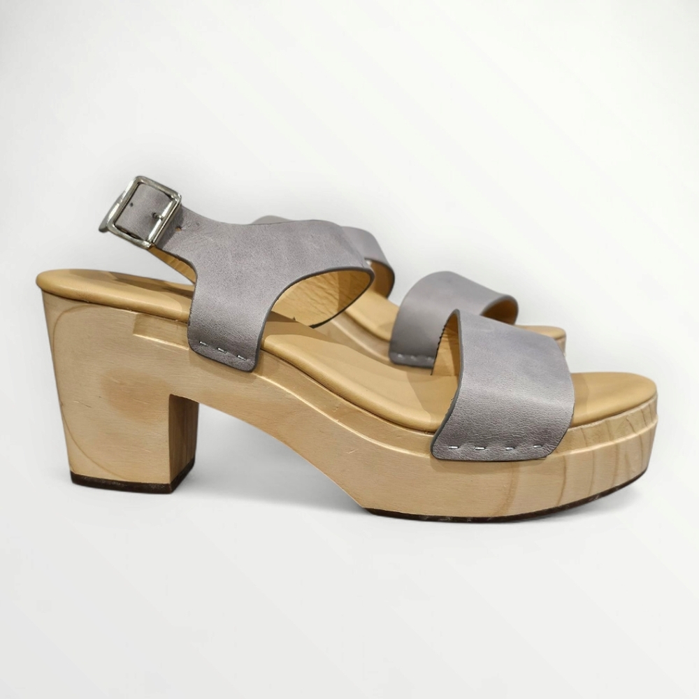 NISOLO All Day Gray Leather Wooden Platform Clog Sandals US 8